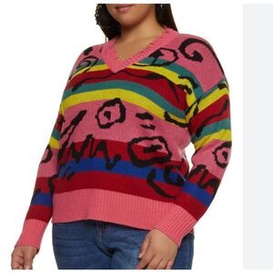 Trendy Threads Retro‎ Multicolored Distressed Vneck Sweater Sz XL